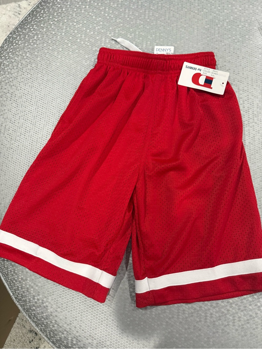 Dennys youth Red Athletic Mesh Shorts with White Hem Stripe